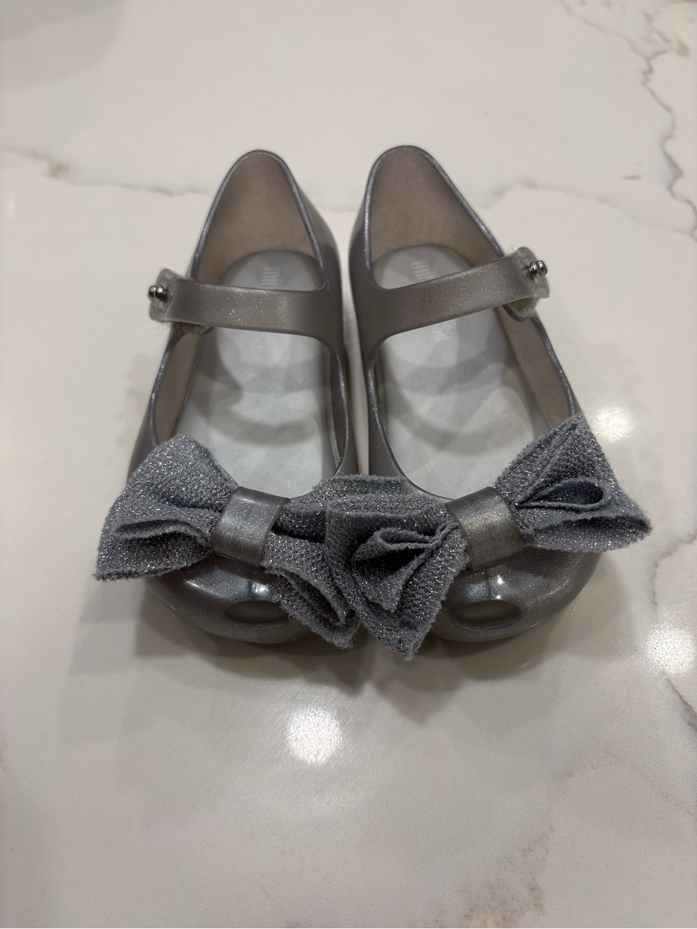 Mini Melissa Silver Glitter Mary Jane Bow Flats